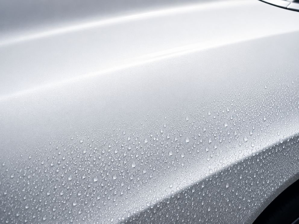 Light paintwork under a clear film, the reflection unbroken across the panel