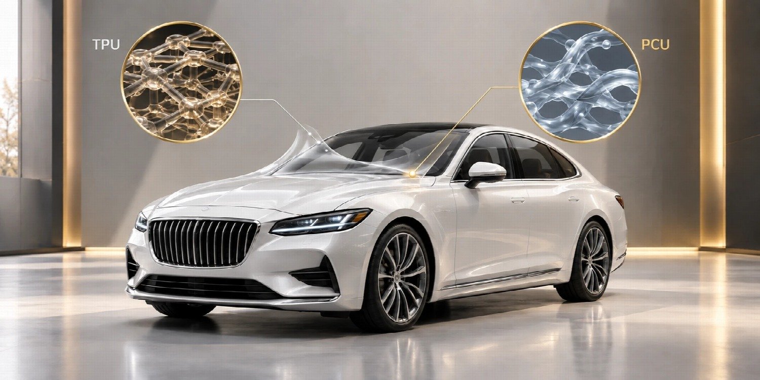 A white saloon in a lit studio, film lifting clear of the bonnet, with two magnified insets above it: a tangled TPU chain structure on the left and a regular PCU lattice on the right