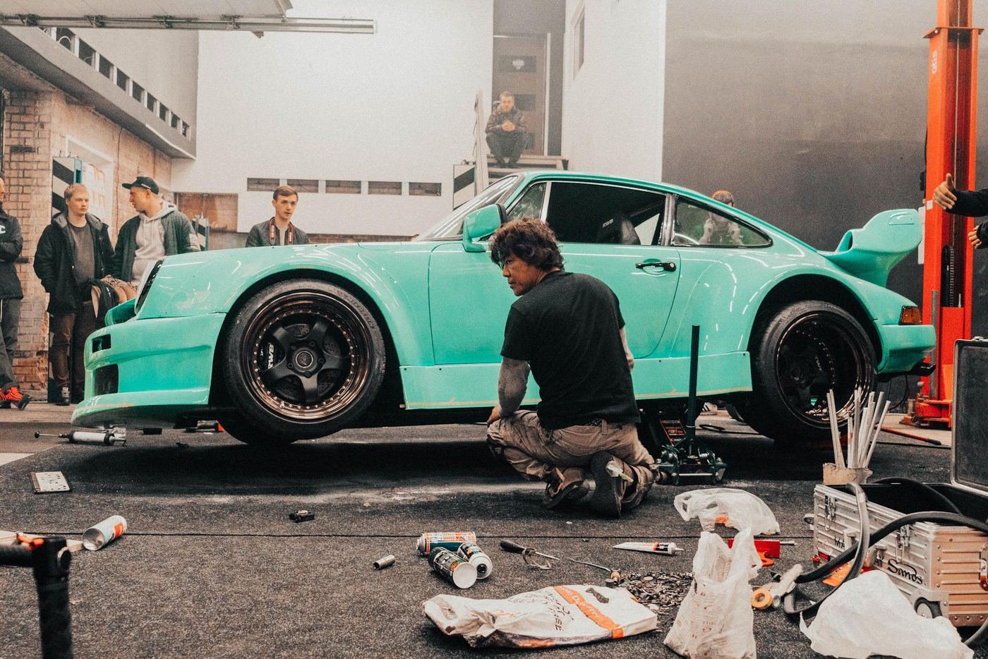 An RWB Porsche 911 being built in the workshop